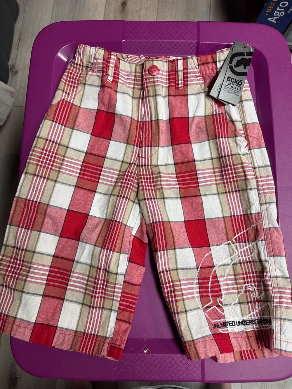 Ecko Unlimited Red Plaid Men’s Flat Front Casual Shorts
